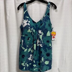 LL Bean NEW Tankini Floral Blue/Green Women's Swim Top beach vacation Pool SZ 16